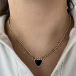 Large Pave Outline Black Onyx Heart Cuban Necklace