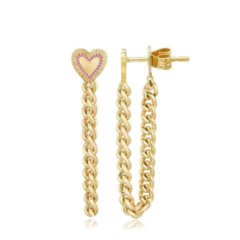 Fluted Pink Sapphire Outline Heart Cuban Chain Earrings