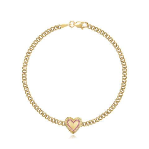 Fluted Pink Sapphire Outline Heart Cuban Bracelet