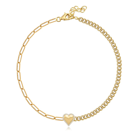 Puffy Gold Heart Diamond Half Cuban & Paperclip Bracelet