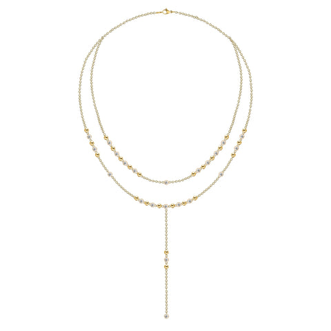 Gold and Diamonds Balls Double Chain Lariat Necklace