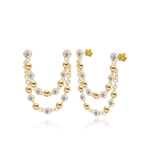 Gold and Diamonds Balls Double Chain Earrings