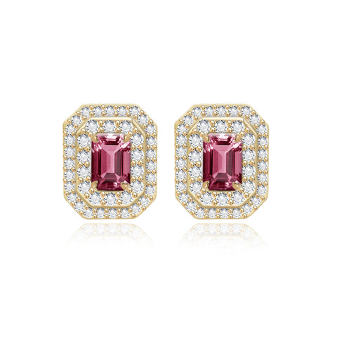 Double Halo Gemstone Emerald Cut Earrings