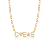 Three Pave Initials and Gold Charms Cuban Necklace