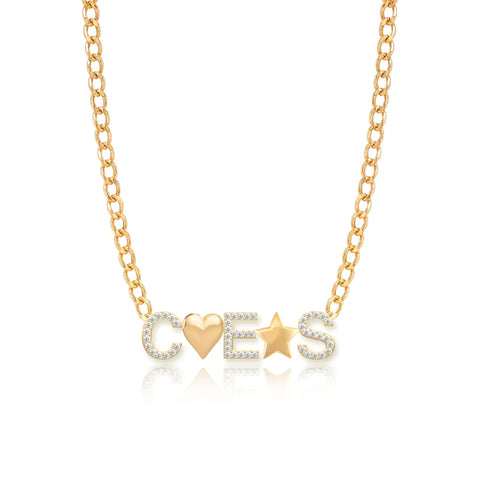 Three Pave Initials and Gold Charms Cuban Necklace