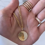 Fluted Side Pave Round Charm Cuban Necklace