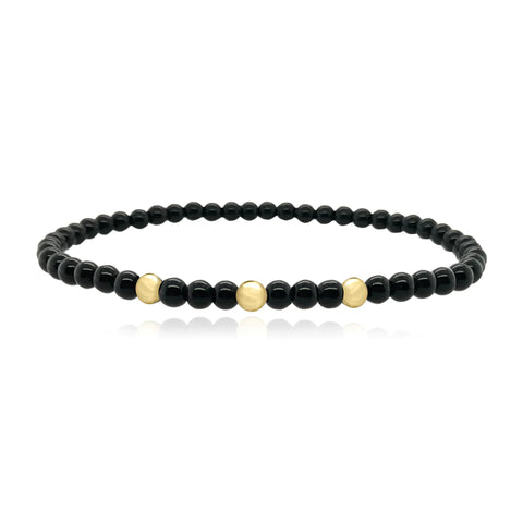 Small Onyx Bead and Three Gold Bead Men Bracelet