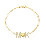 Two Pave Initials and Gold Charm Paperclip Bracelet