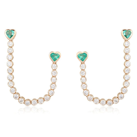 Emerald Hearts and Bezel Diamonds Chain Earring